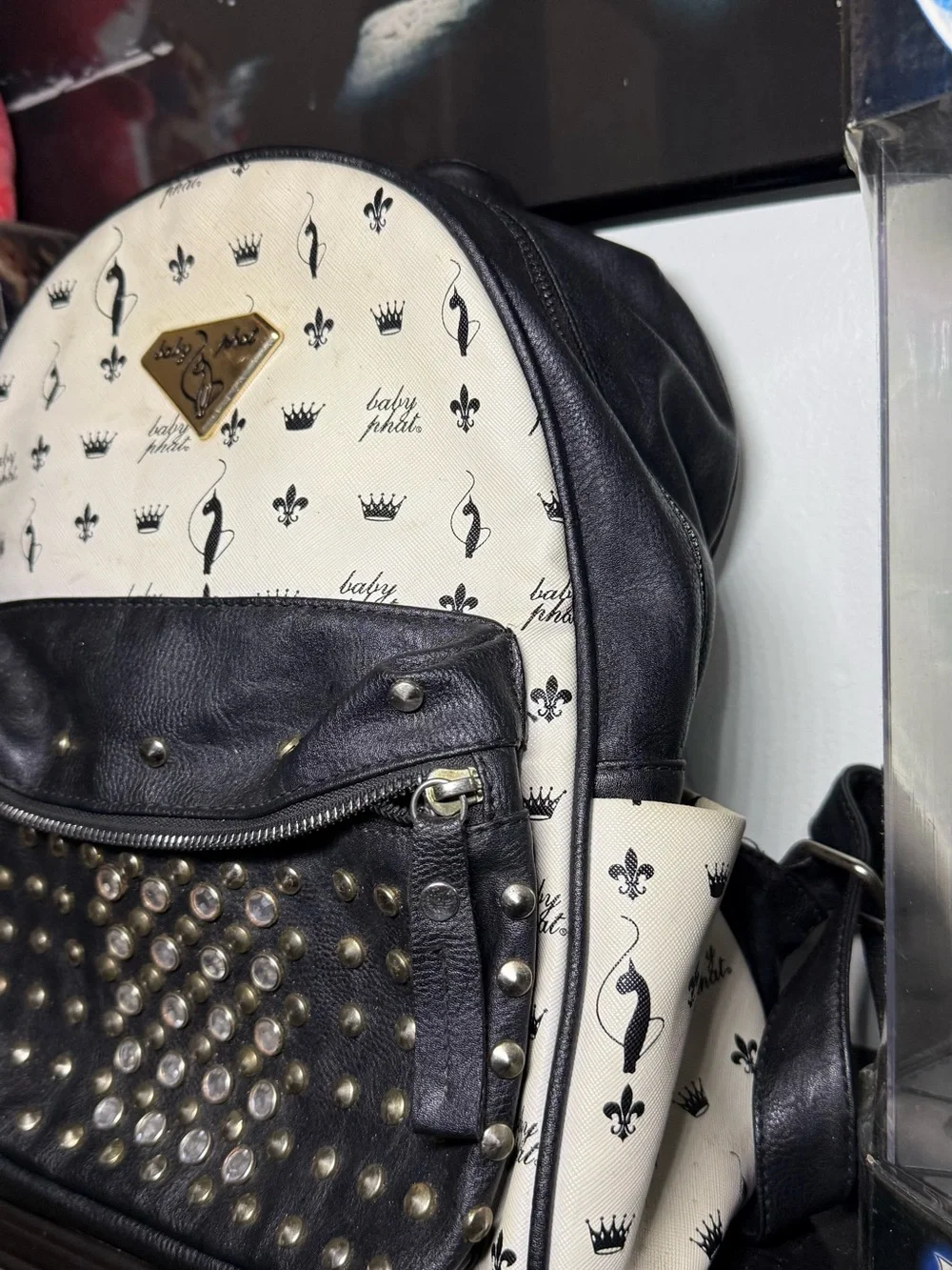 Y2K 2000s Baby Phat Black & White Studded Backpack All Over Print Backpack